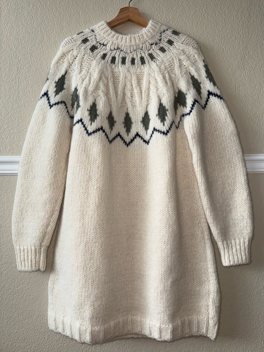 Faherty Alpaca $398 Brand Oslo Fair Isle Thick Chunky Knit Sweater Dress Cream L